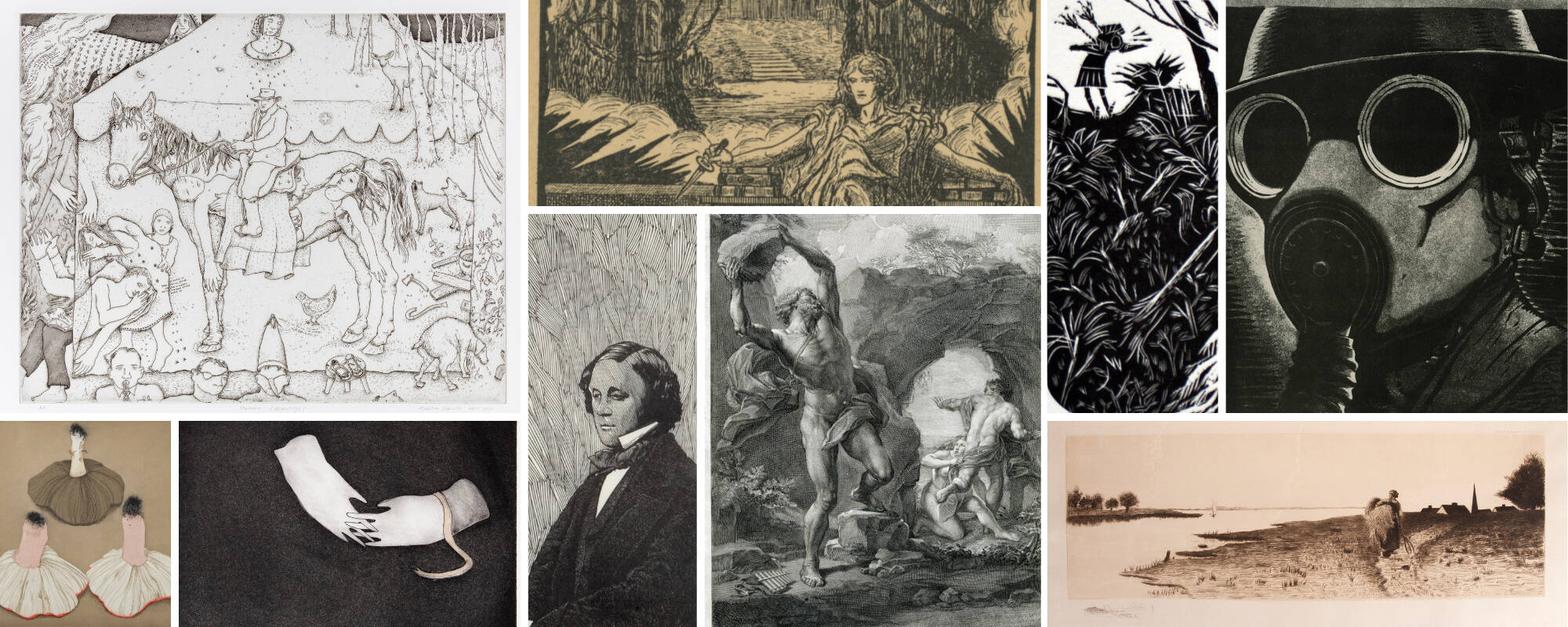 Collage of nine different works of art from the GVSU Art Museum collection that represent the printing technique of engravings.